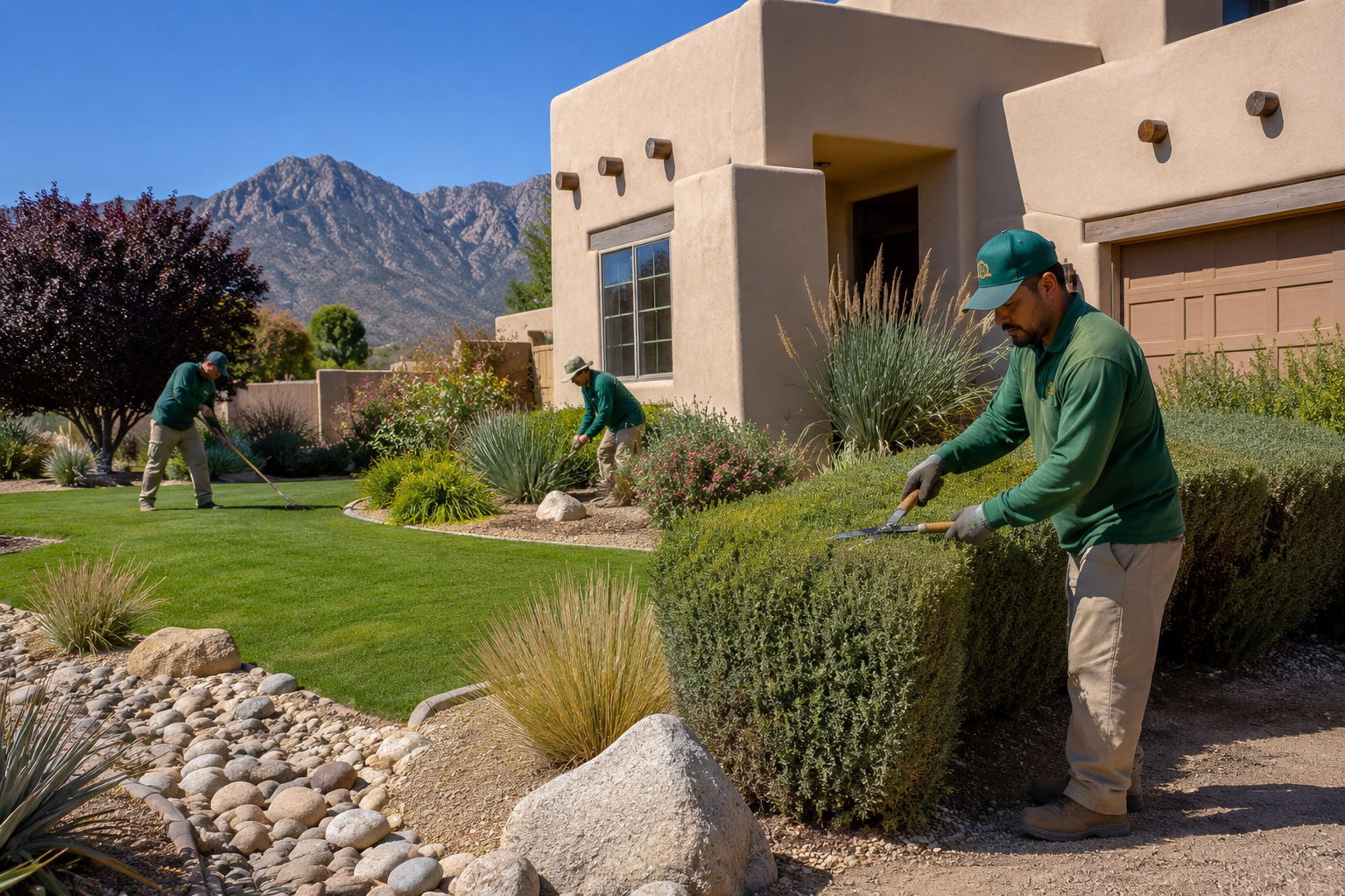 Landscaping crew working on gravel and plantings near a home