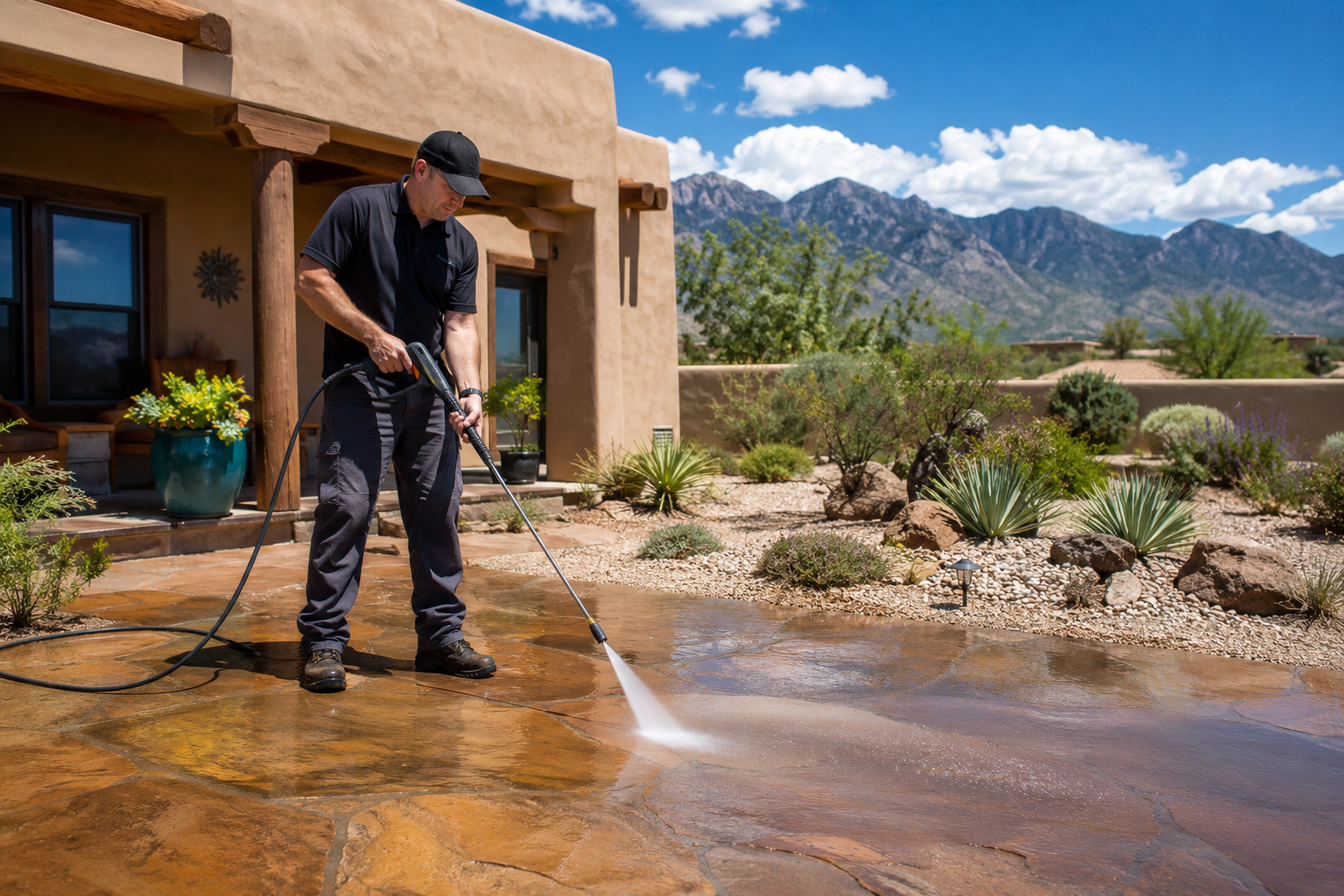 Patio power washing with clean concrete and a polished exterior feel