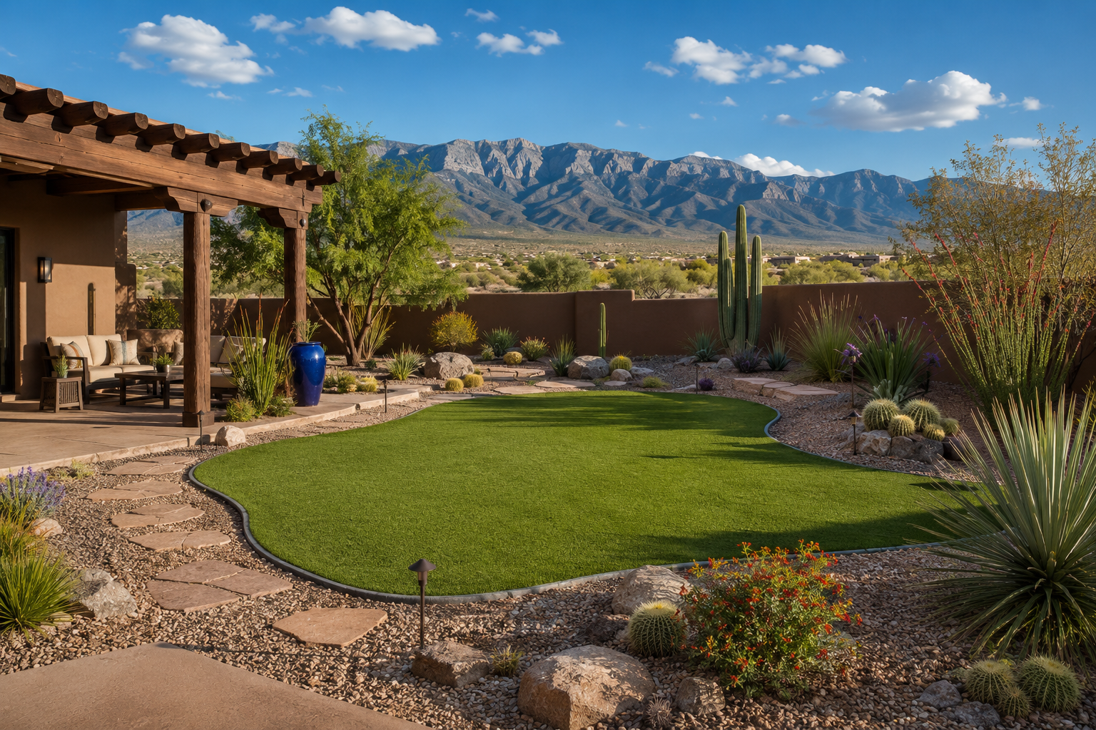 Clean backyard landscape with turf, gravel, and patio space