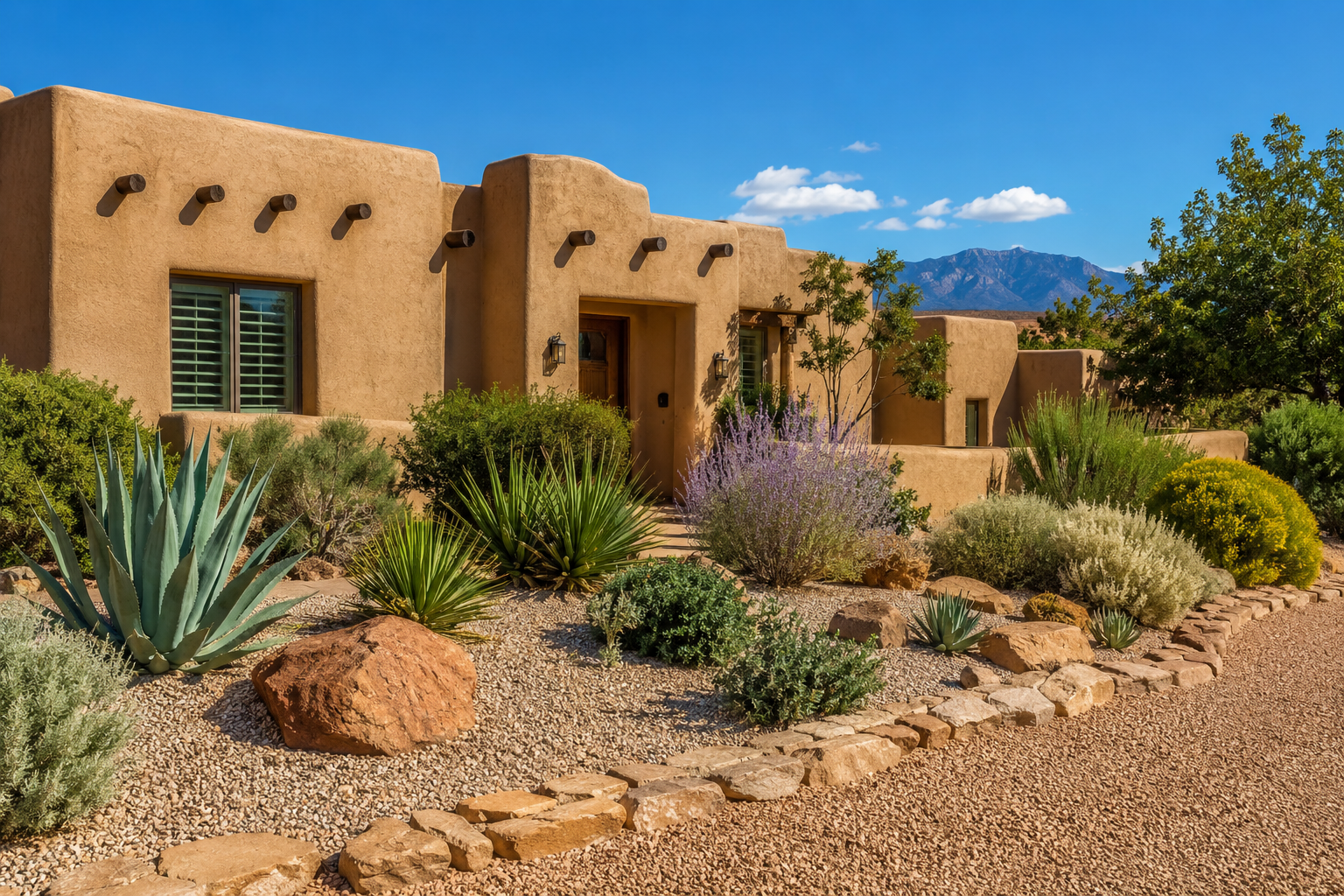 Clean front yard landscaping with gravel and trimmed plantings near a home