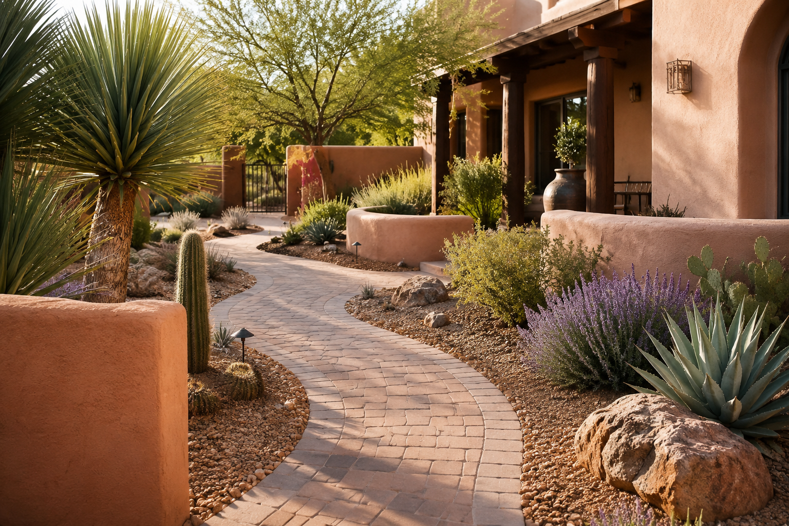 Garden walkway with clean gravel, plants, and fresh landscaping